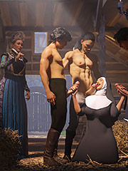 Knelt in the hay with a cock in each hand and a third awaiting her mouth - The ring of the Roman Empress 8 by Tab109